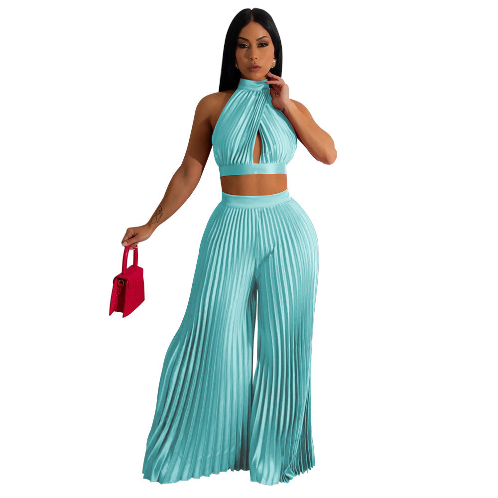 Zweiteiliges Set mit plissiertem Satin-Neckholder-Oberteil und weitem Bein für Damen