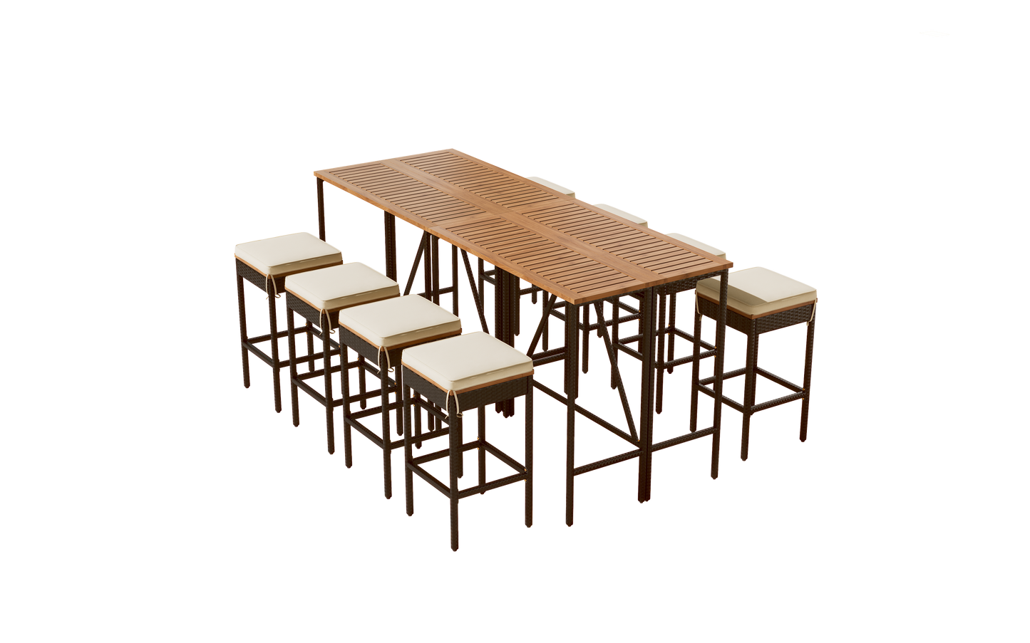 10-teiliger Outdoor-Bartisch aus Akazienholz mit acht gepolsterten Hockern, braun