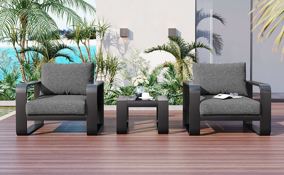 3-teiliges Terrassenmöbelset mit Aluminiumrahmen, 17 cm dickem Kissen und Couchtisch, wetterfestes Outdoor-Set