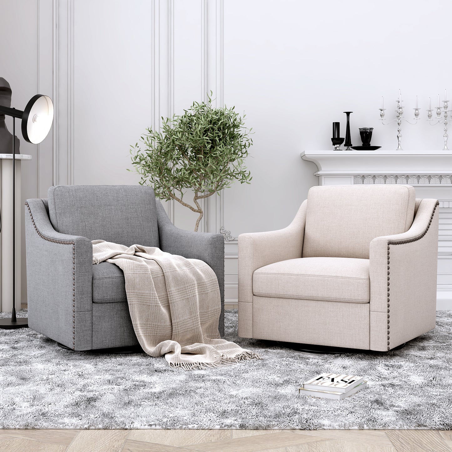360 Degree Swivel Armchair Cotton Linen Fabric Ergonomic Design Brass Nail Head Detail