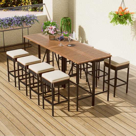 10-Piece Outdoor Acacia Wood Bar Height Table With Eight Cushioned Stools, Brown