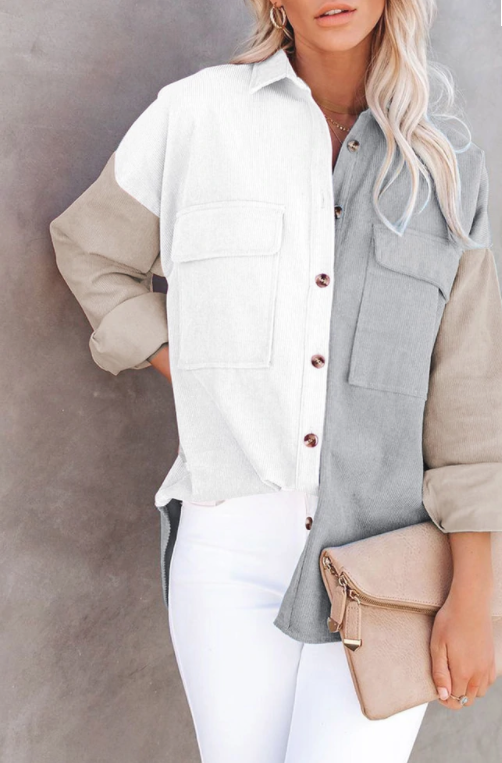 Weiß-graues, langärmeliges Farbblock-Hemd