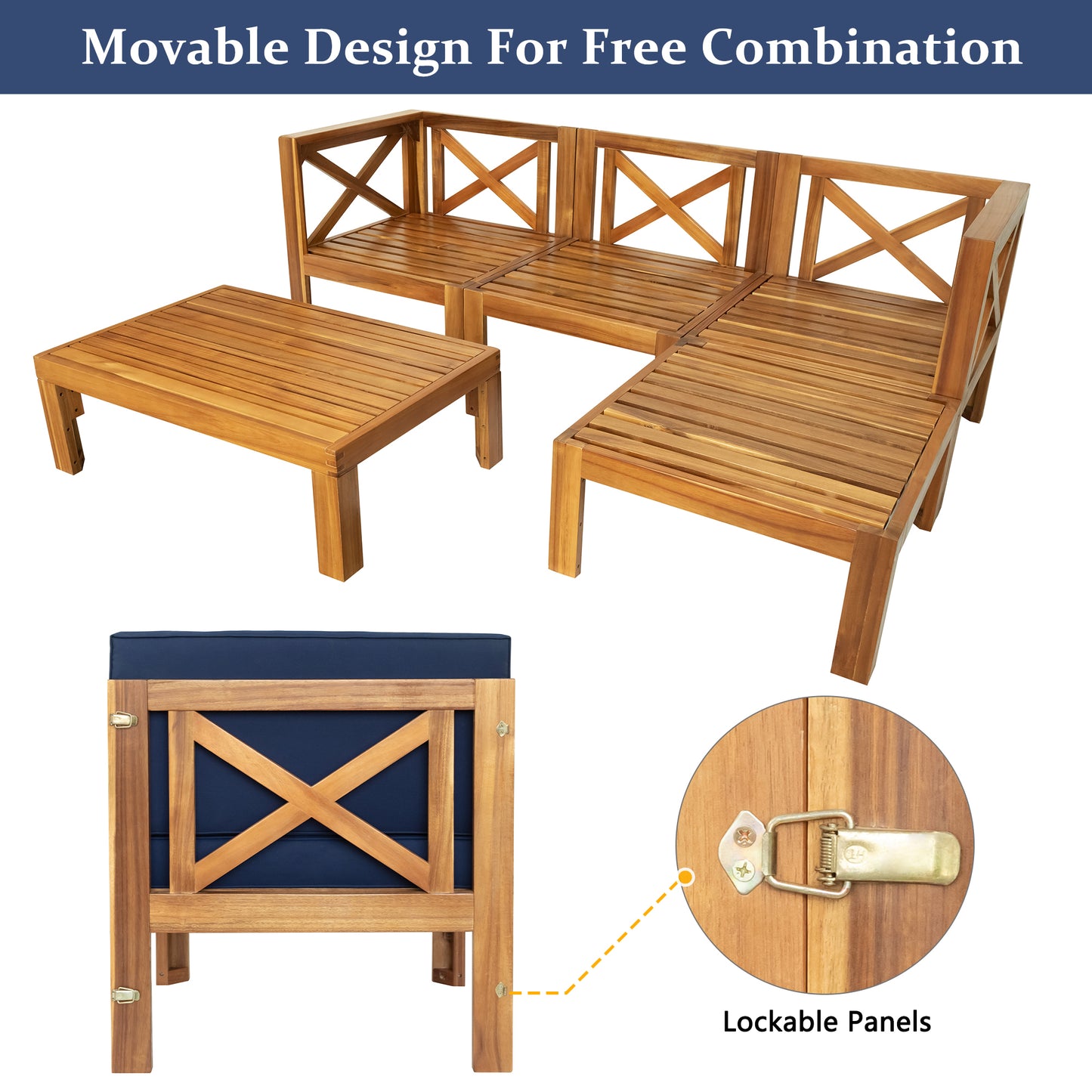 5-Piece Wood Outdoor Sectional Sofa Patio Set with Blue Cushions