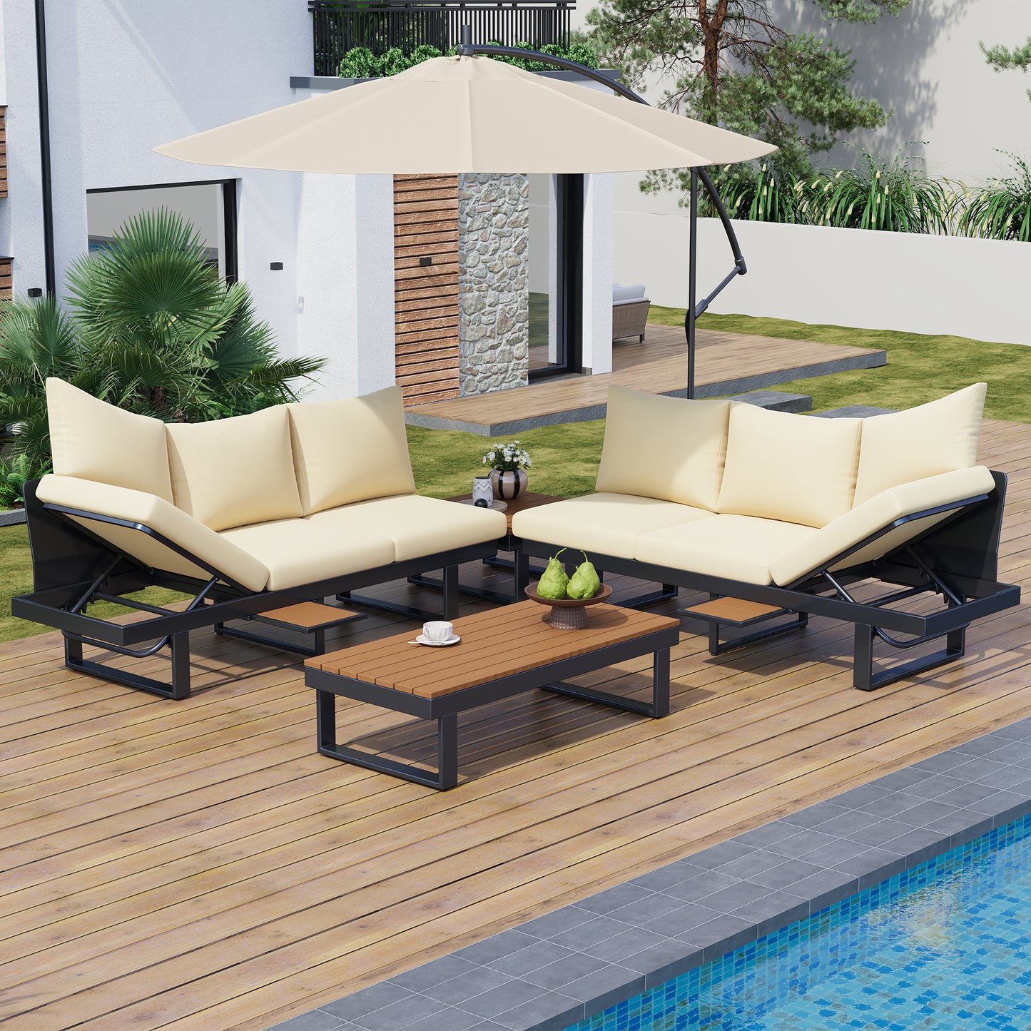 Outdoor Sectional Sofa Set Daybed with Adjustable Reclining Seats, Beige