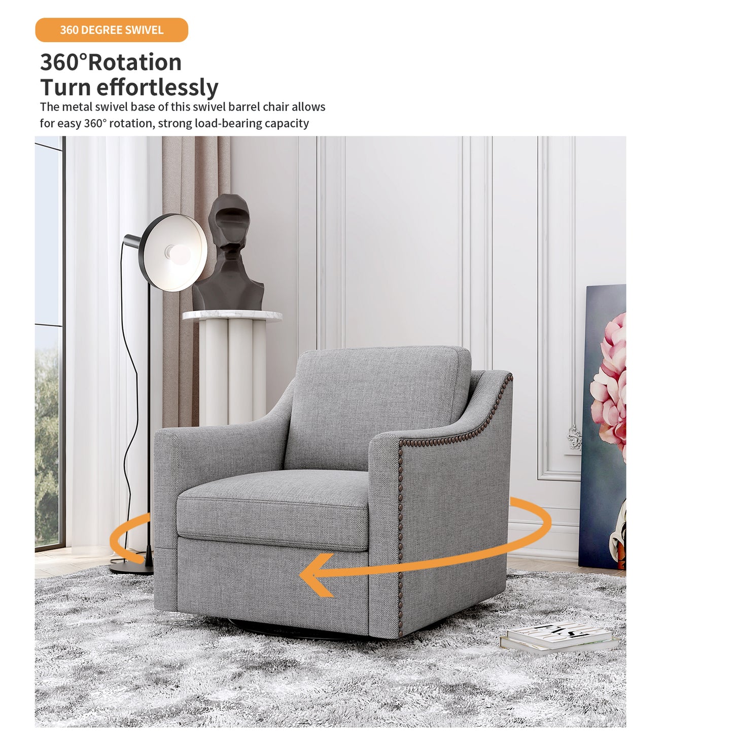 360 Degree Swivel Armchair Cotton Linen Fabric Ergonomic Design Brass Nail Head Detail