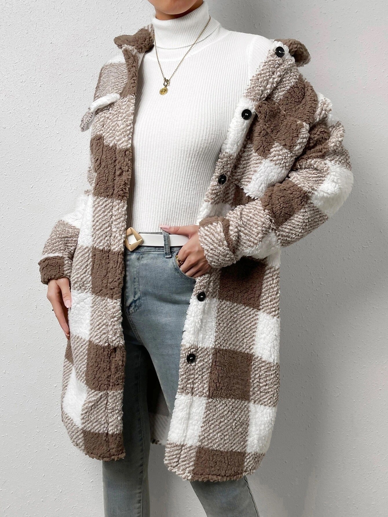 Chaqueta suéter larga a cuadros de felpa (5 colores)