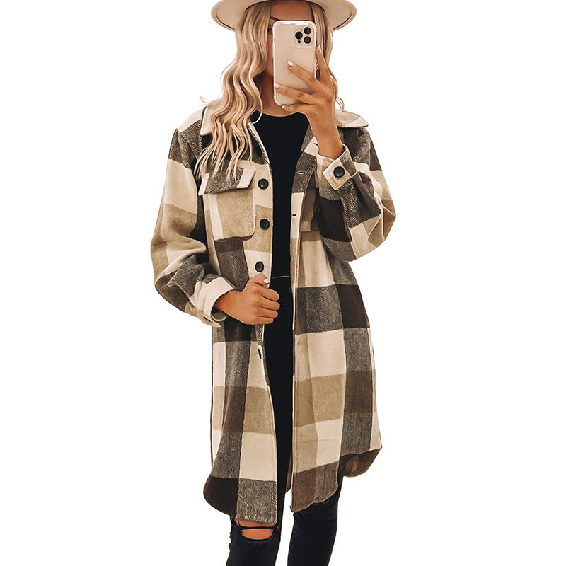 Knee Length Plaid Brown Khaki Tan Jacket