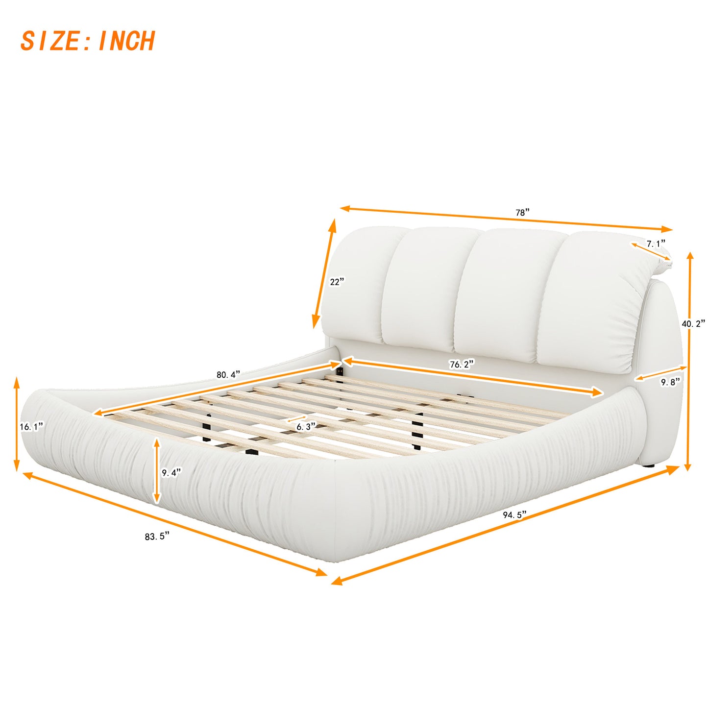 King Size Luxury Handmade Upholstered Leather Bed with Oversized Padded Backrest, White
