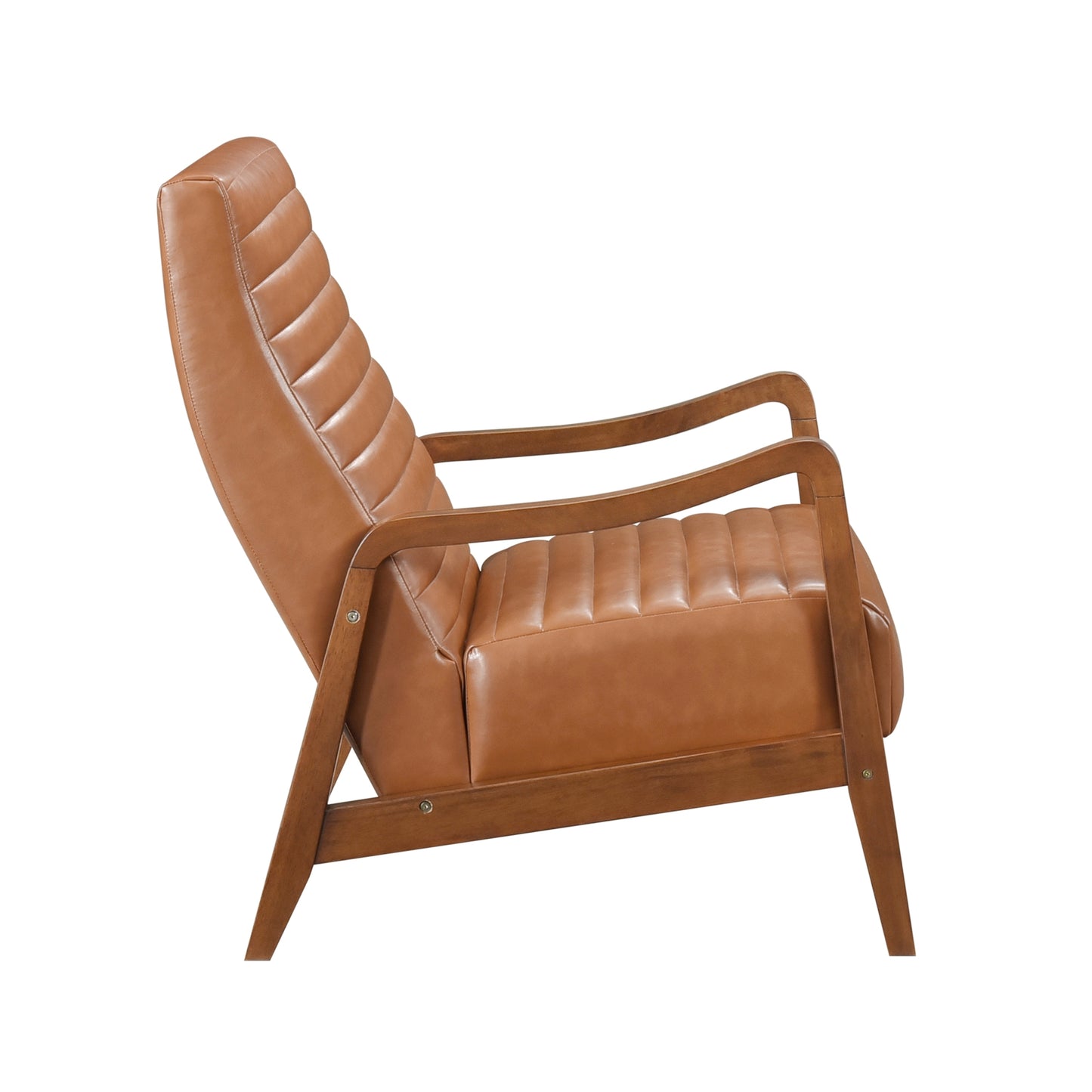 Moderner Stuhl aus braunem Kunstleder, Walnuss-Finish, Beine aus Massivholz