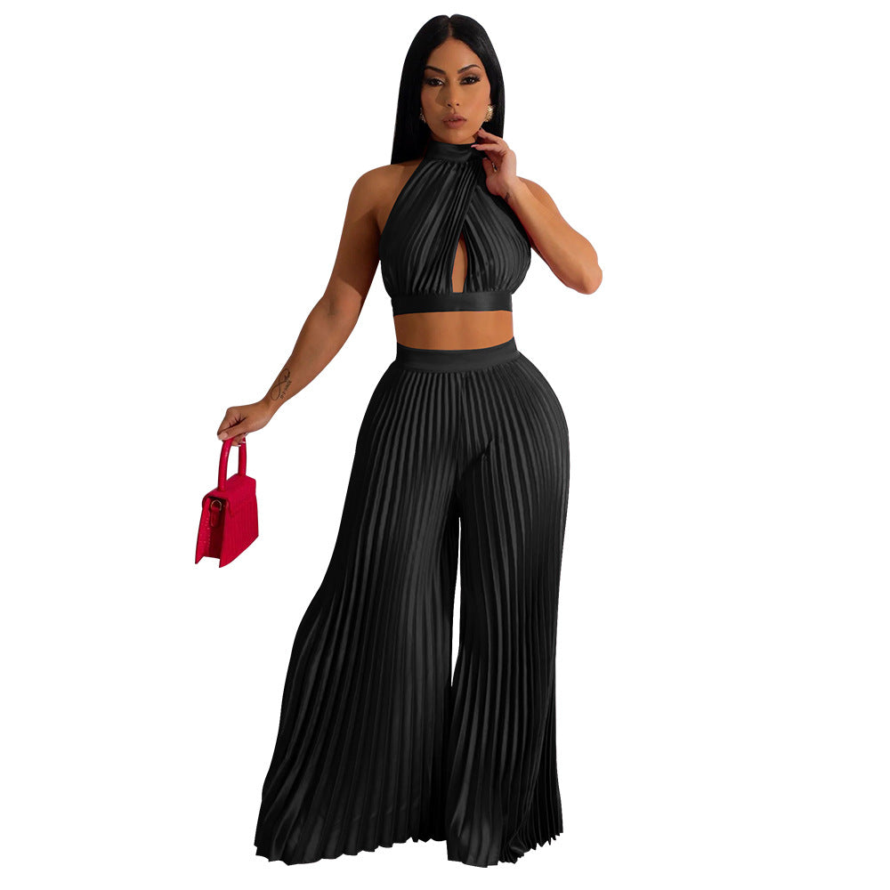 Zweiteiliges Set mit plissiertem Satin-Neckholder-Oberteil und weitem Bein für Damen