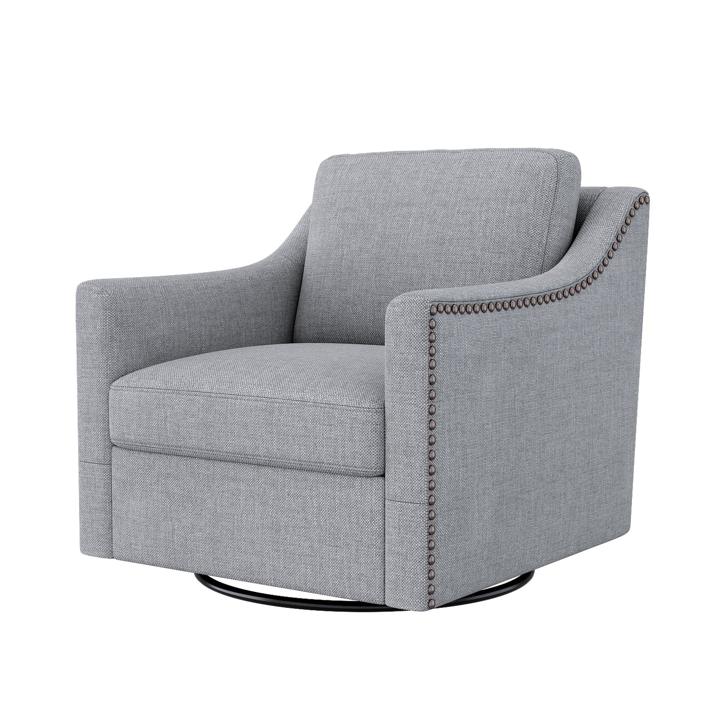 360 Degree Swivel Armchair Cotton Linen Fabric Ergonomic Design Brass Nail Head Detail