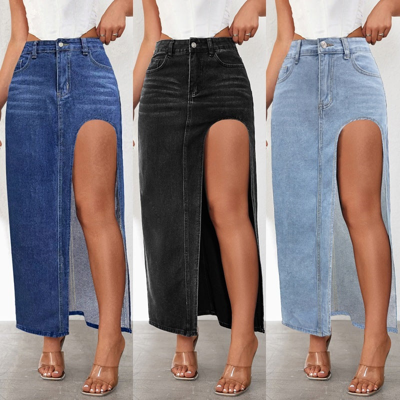High Slit Women's Washed  Denim Skirt (5 Colors)