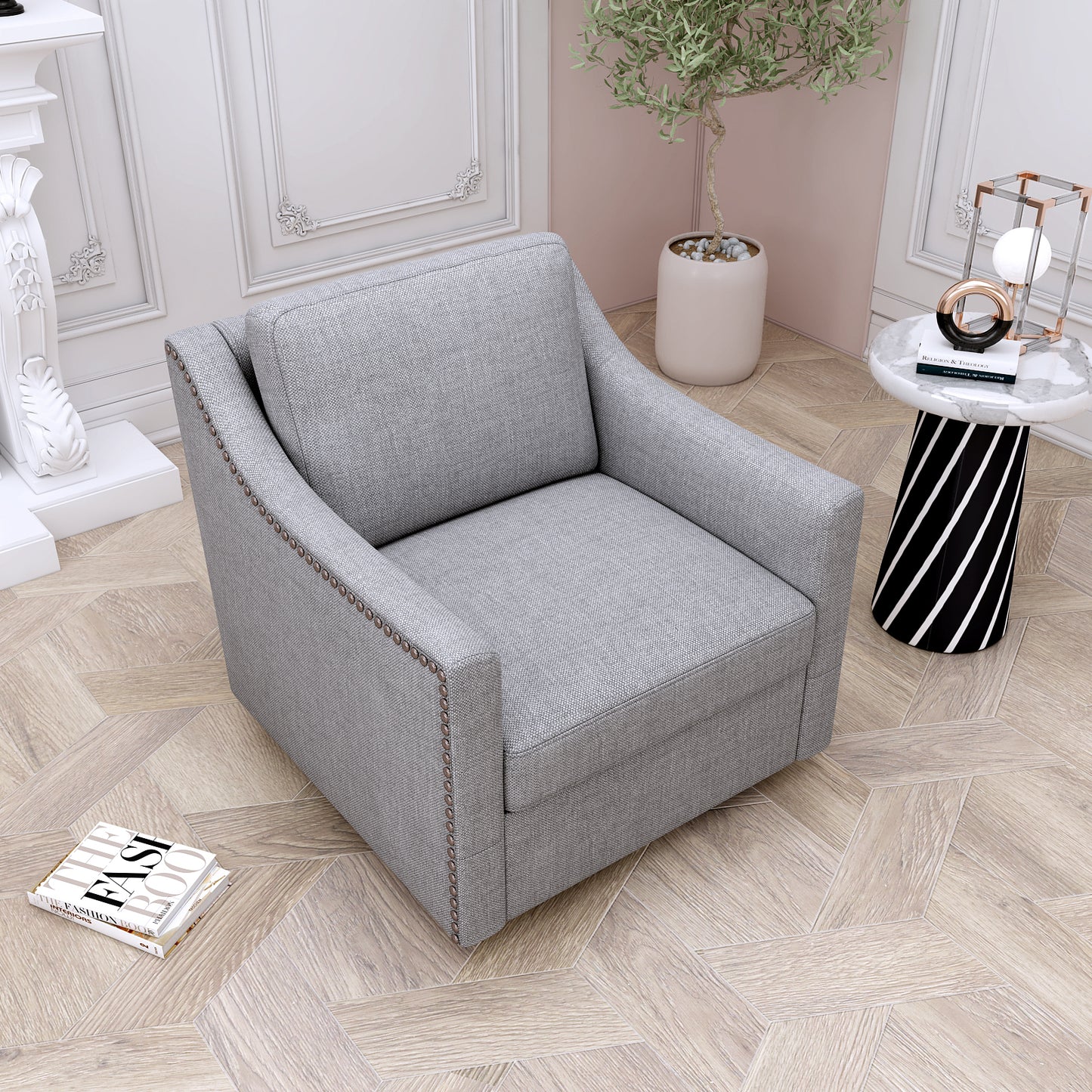 360 Degree Swivel Armchair Cotton Linen Fabric Ergonomic Design Brass Nail Head Detail