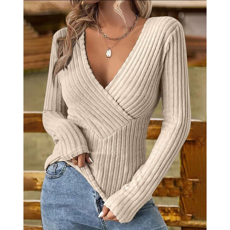 Ribbed Knit V-neck Long-sleeve Sweater