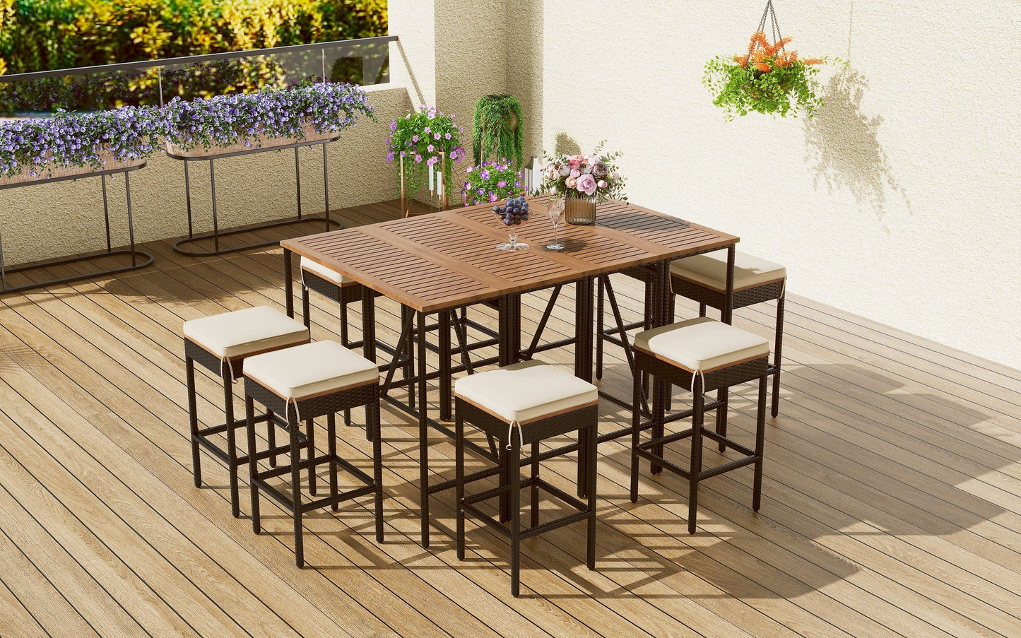 10-teiliger Outdoor-Bartisch aus Akazienholz mit acht gepolsterten Hockern, braun