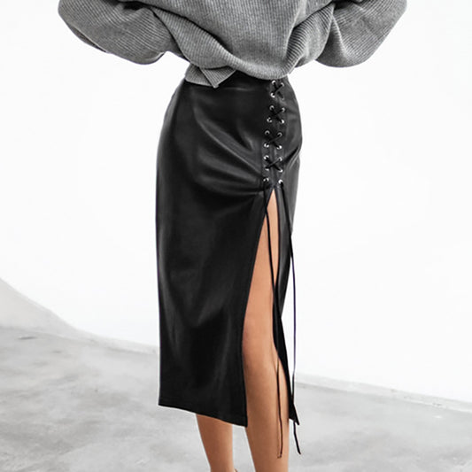 Women's Black Lace-up Leather Skirt
