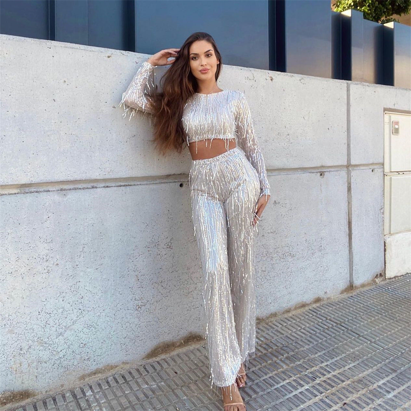 Conjunto de pantalones con lentejuelas y top corto (3 colores)