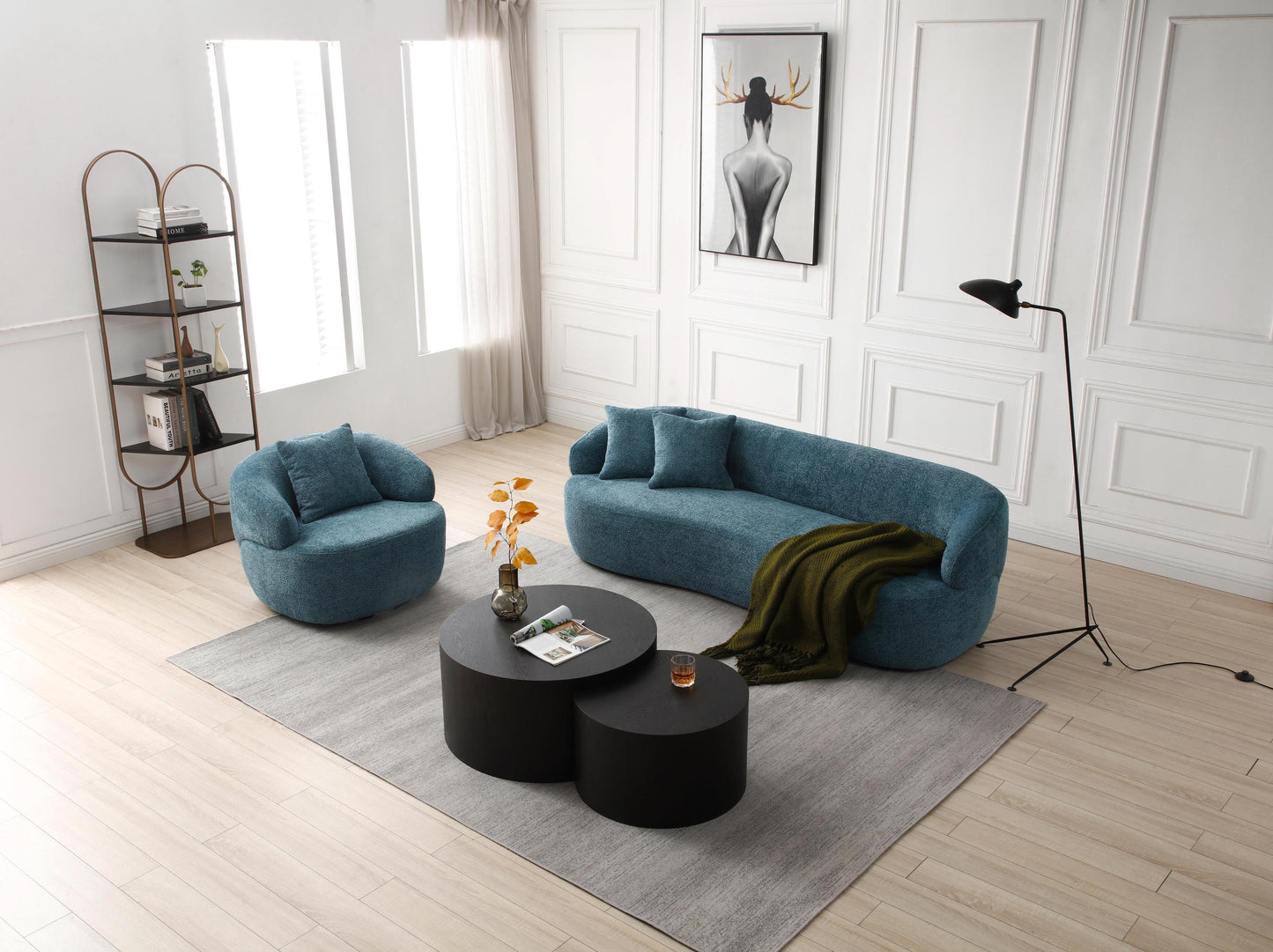 360° Swivel Barrel Mid-Century Modern Curved Chair, Boucle Blue