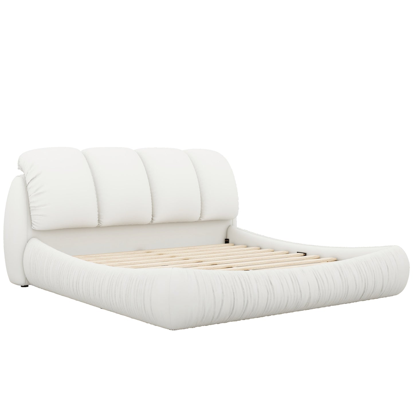King Size Luxury Handmade Upholstered Leather Bed with Oversized Padded Backrest, White