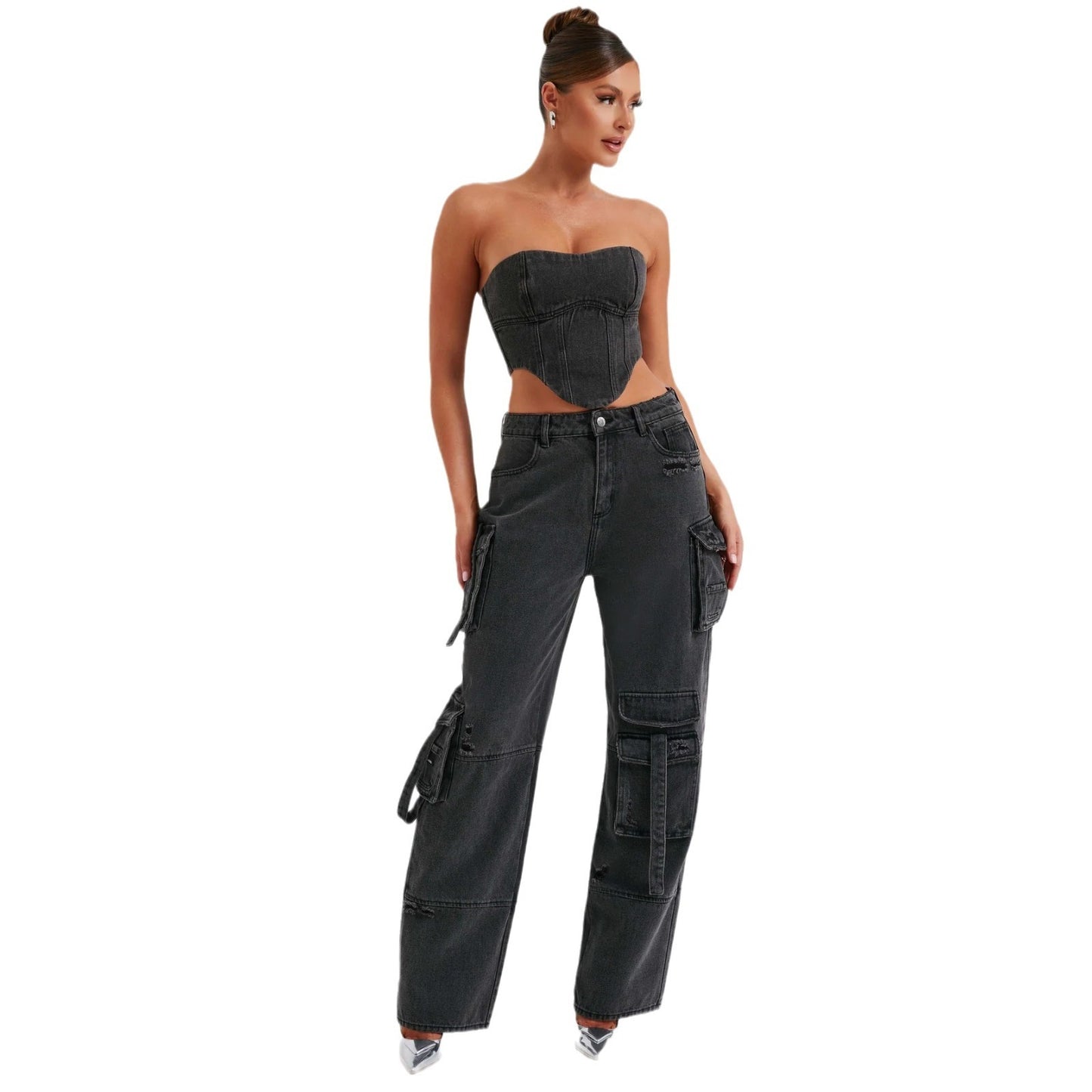 Women's Denim Cargo Jeans & Tube Top Set