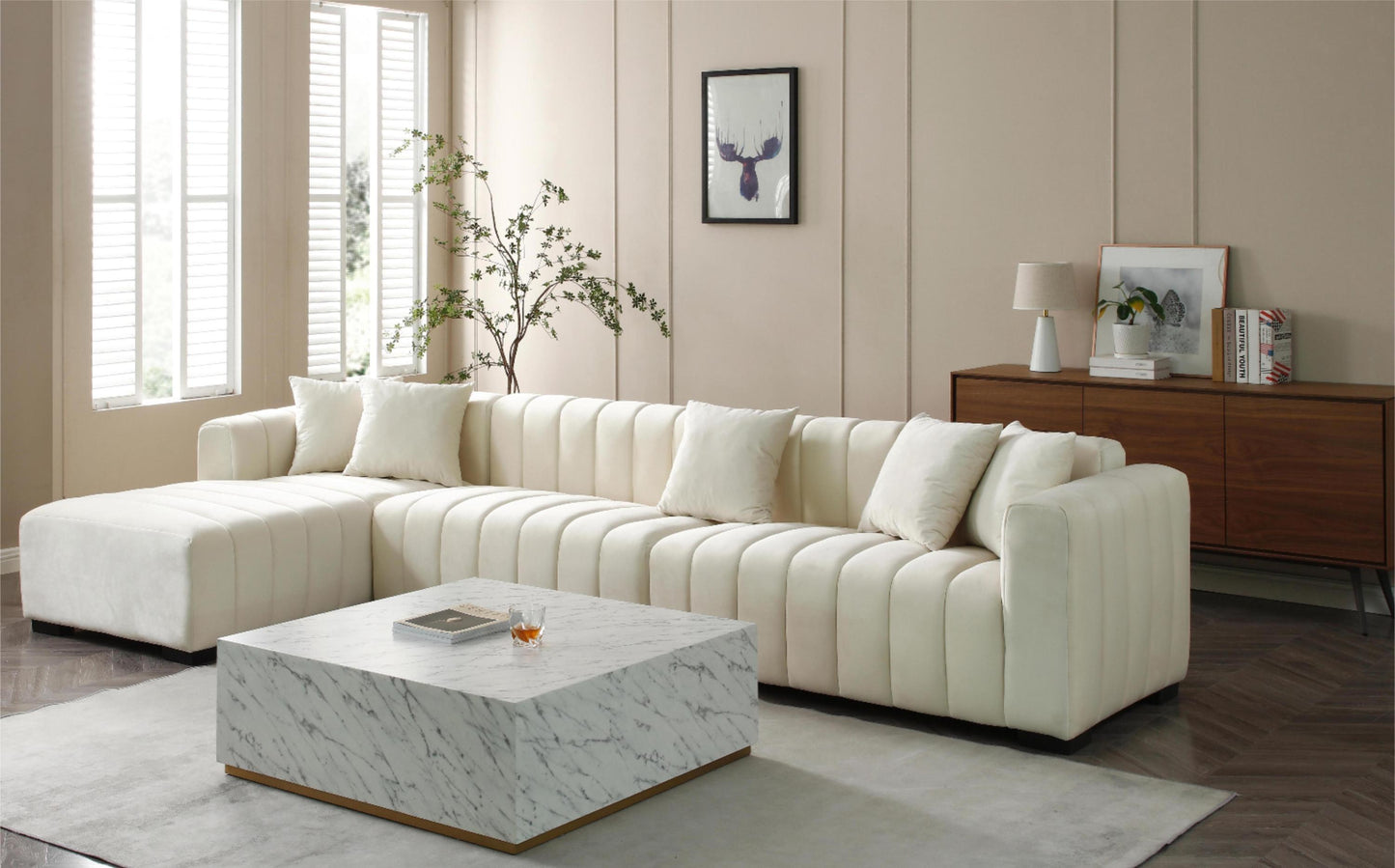 139'' Channel Tufted Sofa Velvet Upholstered Left Chaise Modular Sofa beige