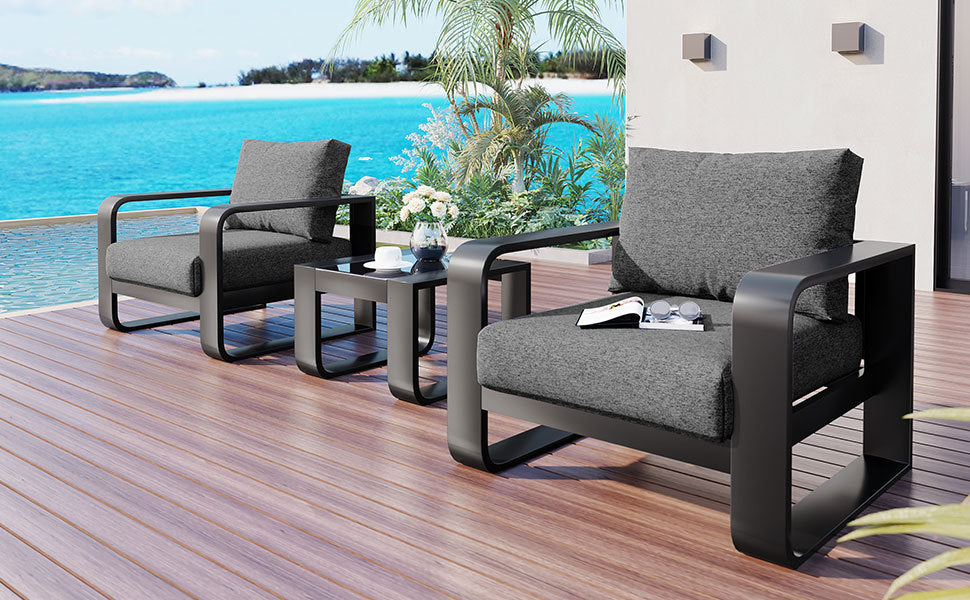 3-teiliges Terrassenmöbelset mit Aluminiumrahmen, 17 cm dickem Kissen und Couchtisch, wetterfestes Outdoor-Set
