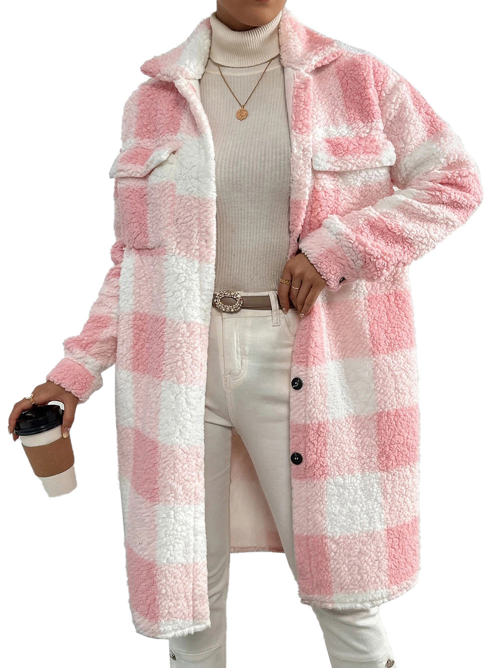 Chaqueta suéter larga a cuadros de felpa (5 colores)