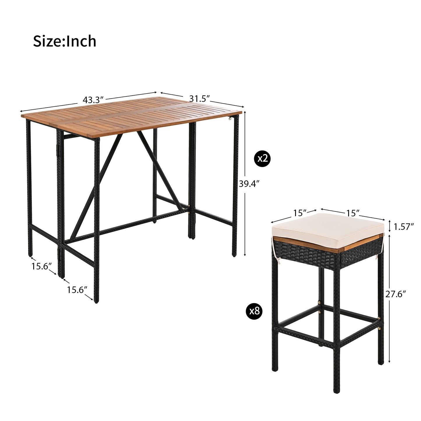 10-teiliger Outdoor-Bartisch aus Akazienholz mit acht gepolsterten Hockern, braun