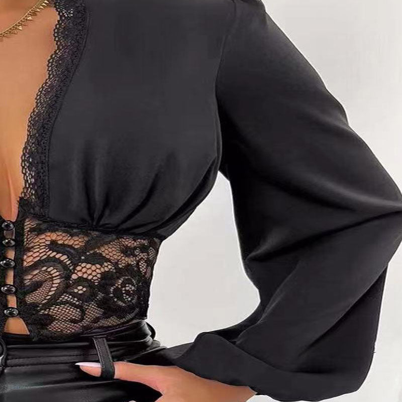Top de moda con cuello en V y manga larga con encaje y abdominales