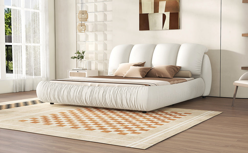 King Size Luxury Handmade Upholstered Leather Bed with Oversized Padded Backrest, White