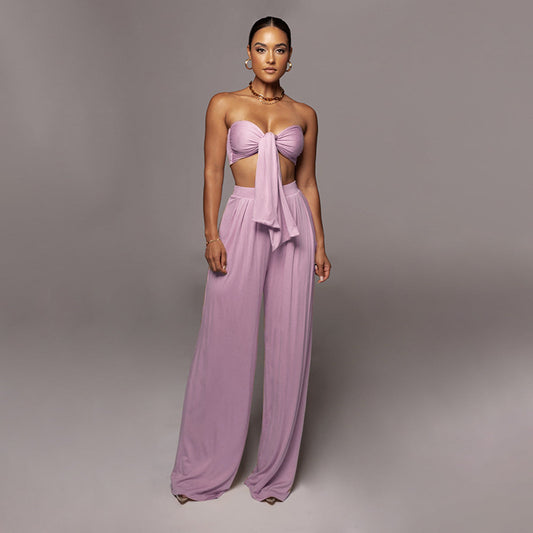 Tied Tube Top Mid-Waist Wide-Leg Pant Two-piece Set