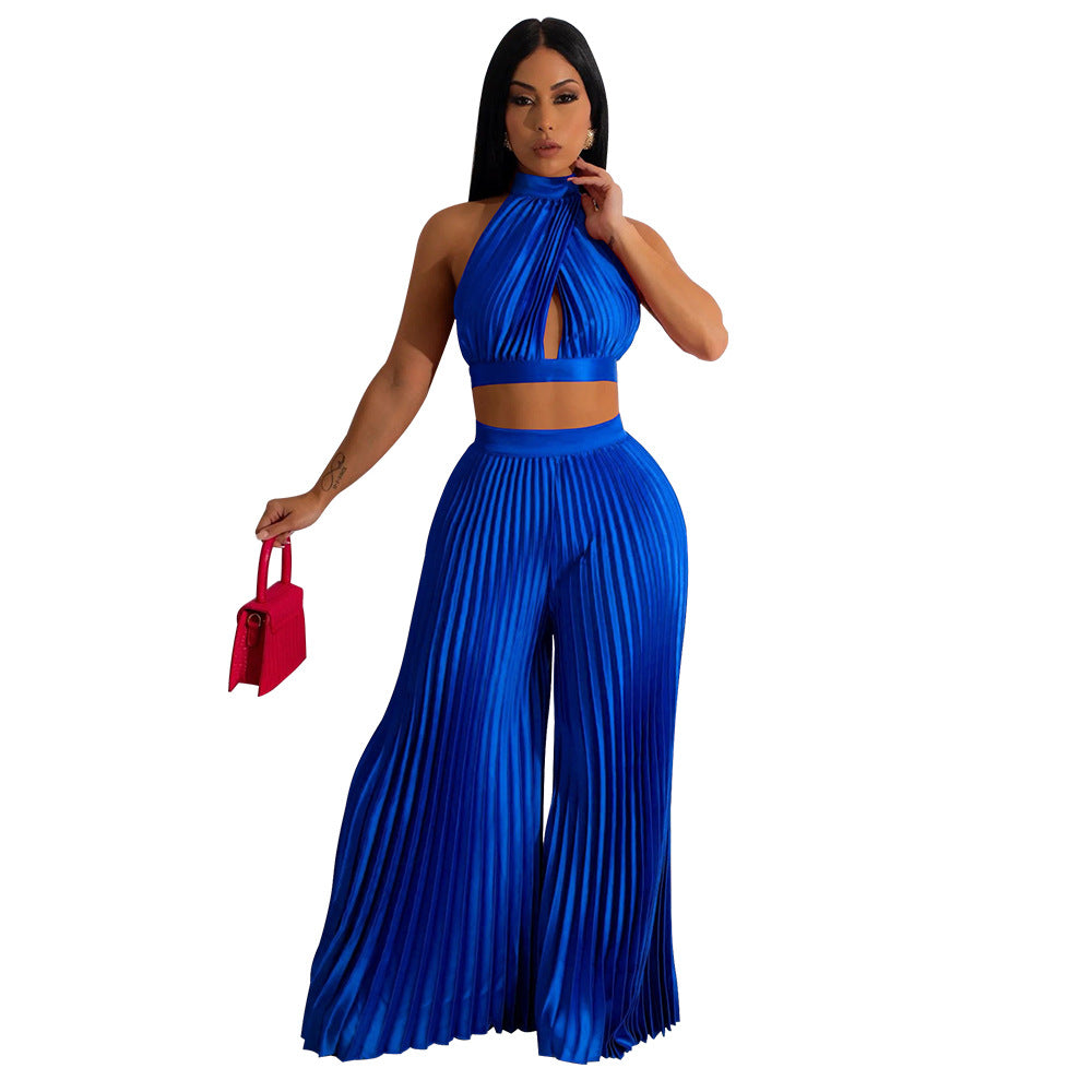Zweiteiliges Set mit plissiertem Satin-Neckholder-Oberteil und weitem Bein für Damen