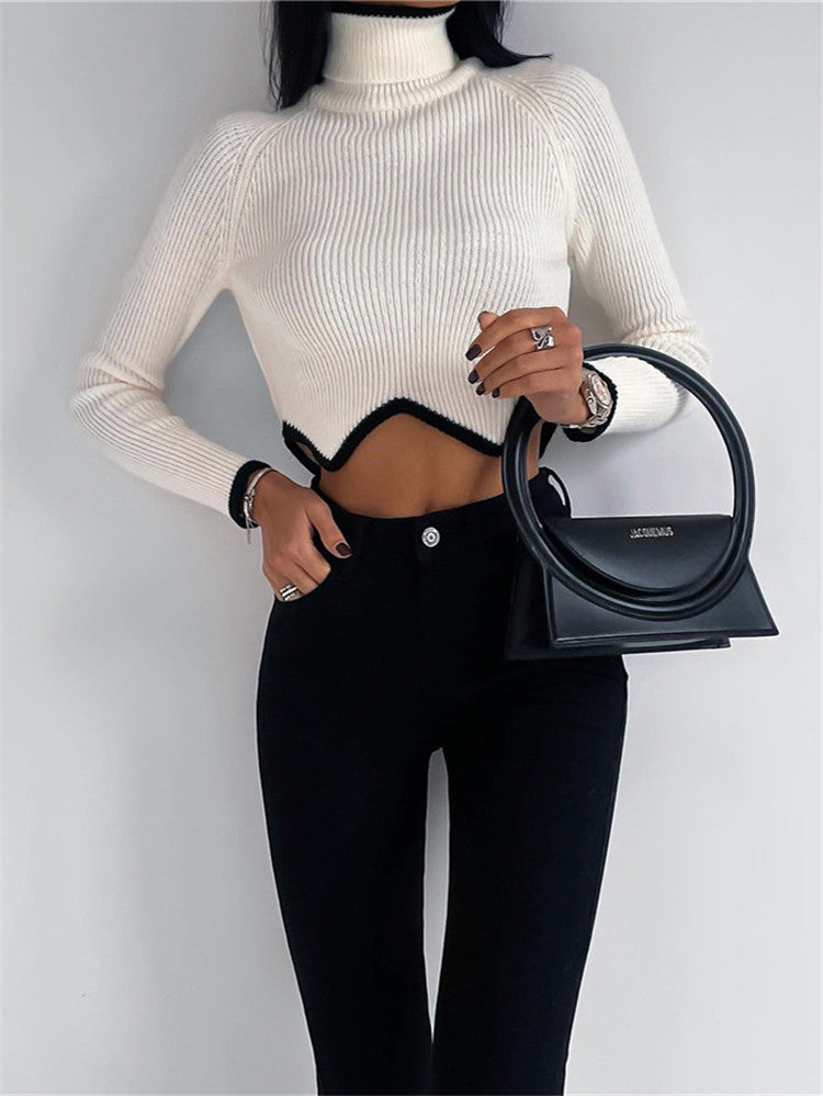 Zig Zag Cropped Hem Turtle Neck Sweater