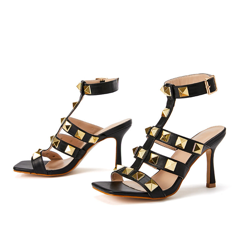 Square Toe Roman Gold Accent Heels