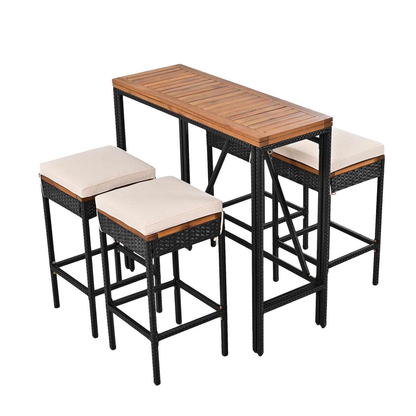 10-teiliger Outdoor-Bartisch aus Akazienholz mit acht gepolsterten Hockern, braun
