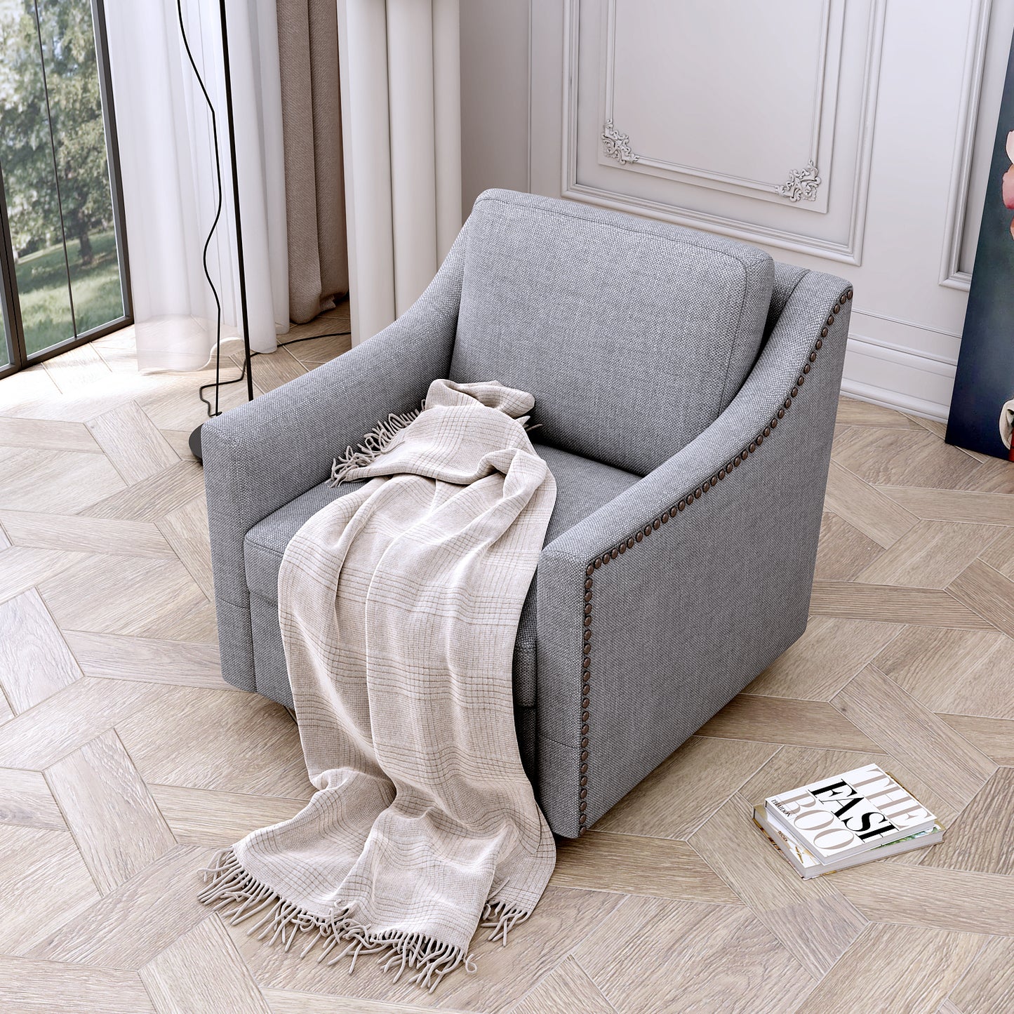 360 Degree Swivel Armchair Cotton Linen Fabric Ergonomic Design Brass Nail Head Detail