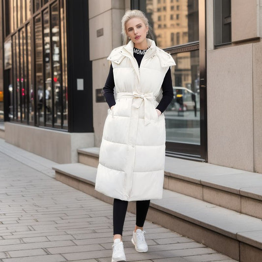 Long Sleeveless Down Puffer Jacket White/ Tan/ Black
