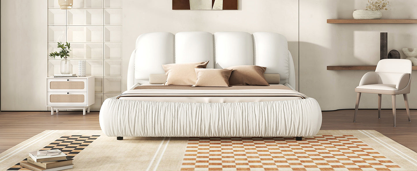King Size Luxury Handmade Upholstered Leather Bed with Oversized Padded Backrest, White