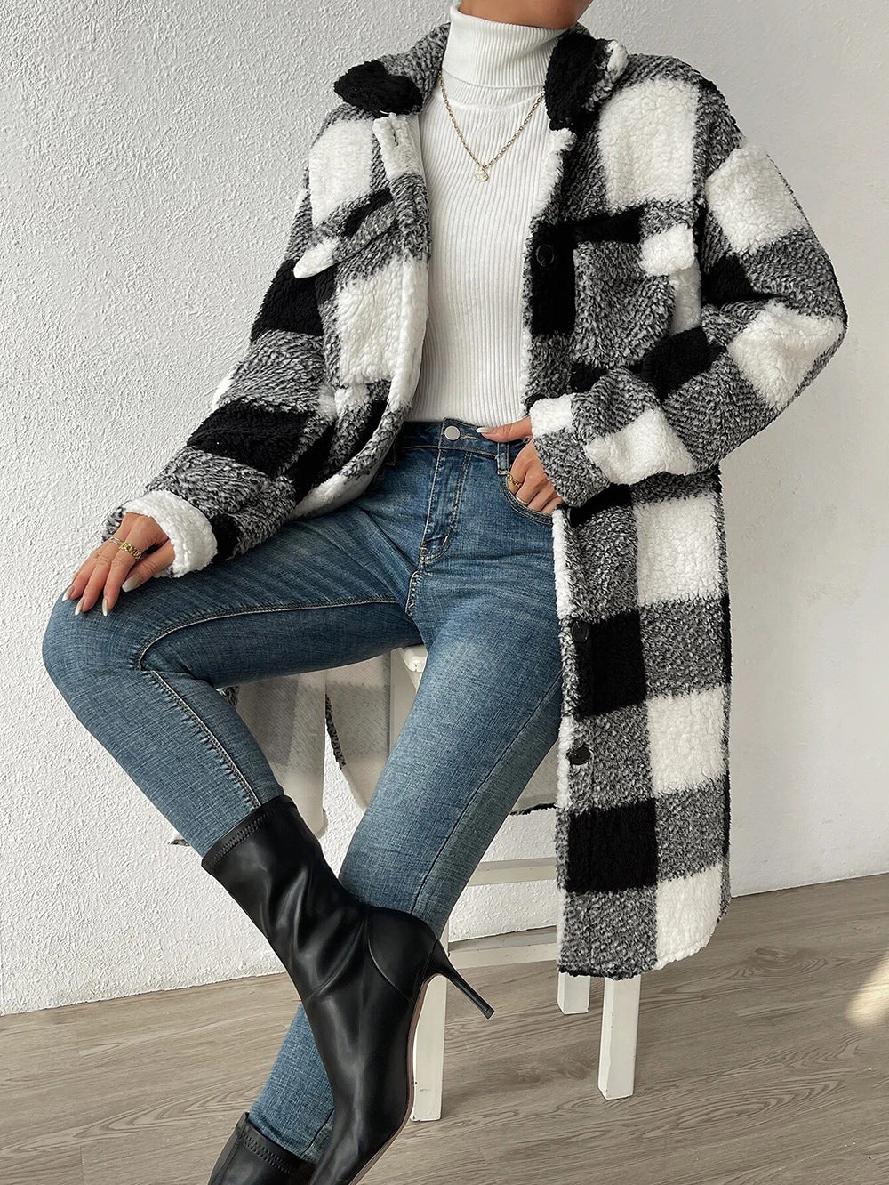 Chaqueta suéter larga a cuadros de felpa (5 colores)