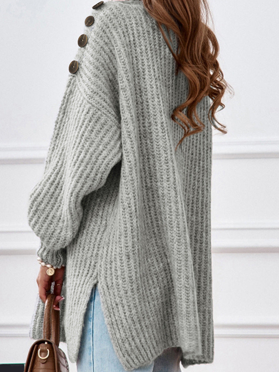 Gray Off-The Shoulder Button Detail Oversized Sweater