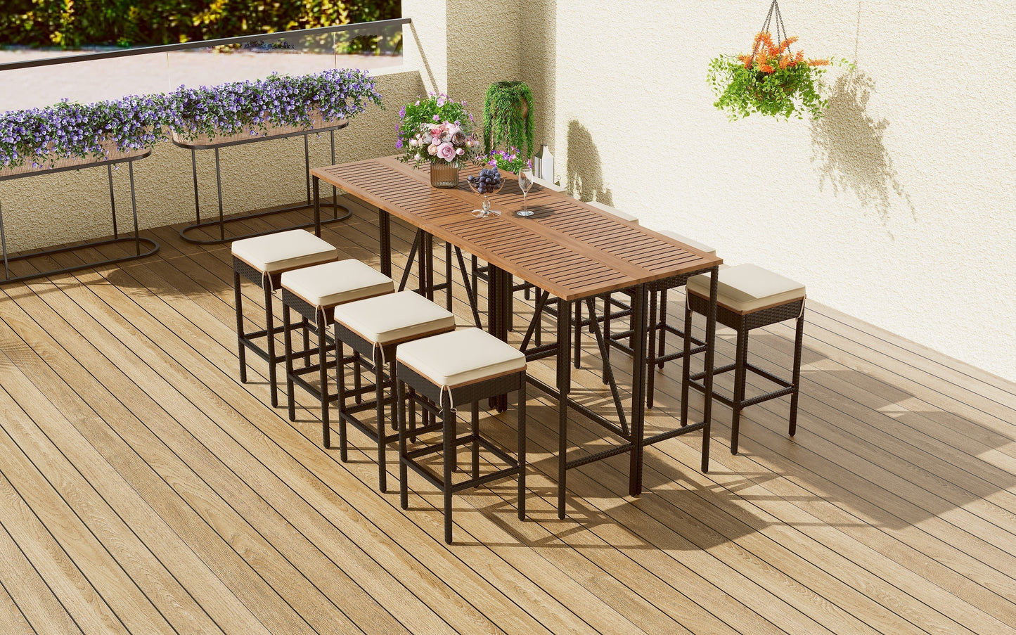 10-teiliger Outdoor-Bartisch aus Akazienholz mit acht gepolsterten Hockern, braun