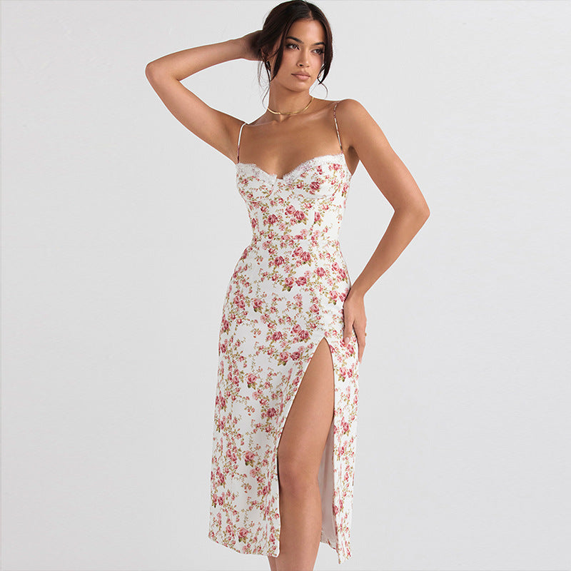 Lace Floral Print Long Split Summer Dress