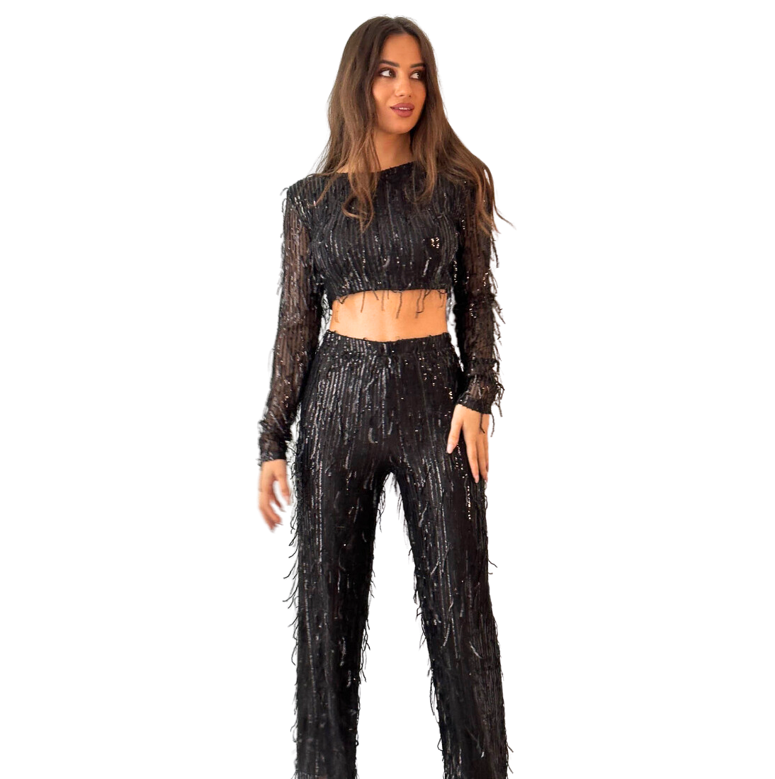 Conjunto de pantalones con lentejuelas y top corto (3 colores)