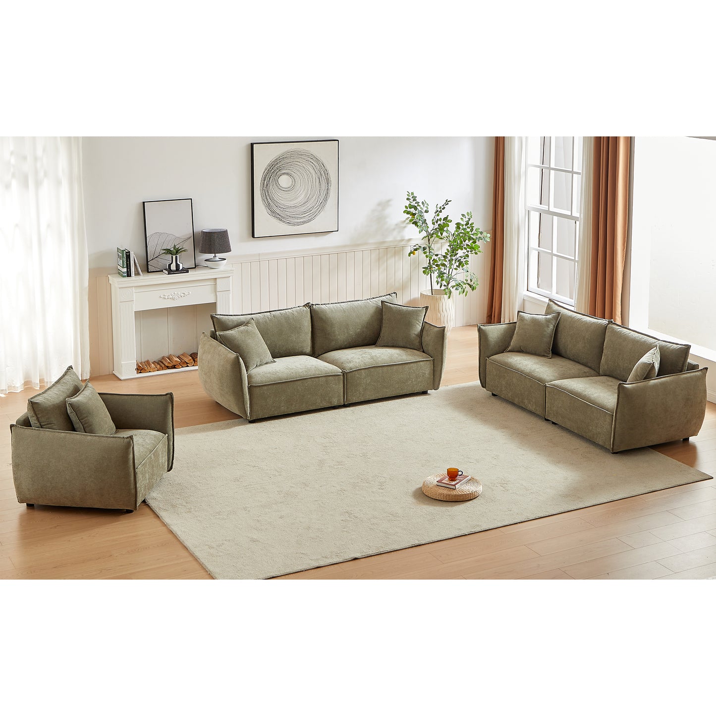 3-Piece Modern Plush Olive Green Sofa Set – Deep Seating Sofas with Armchair | Chic Comfort for Contemporary Living Rooms