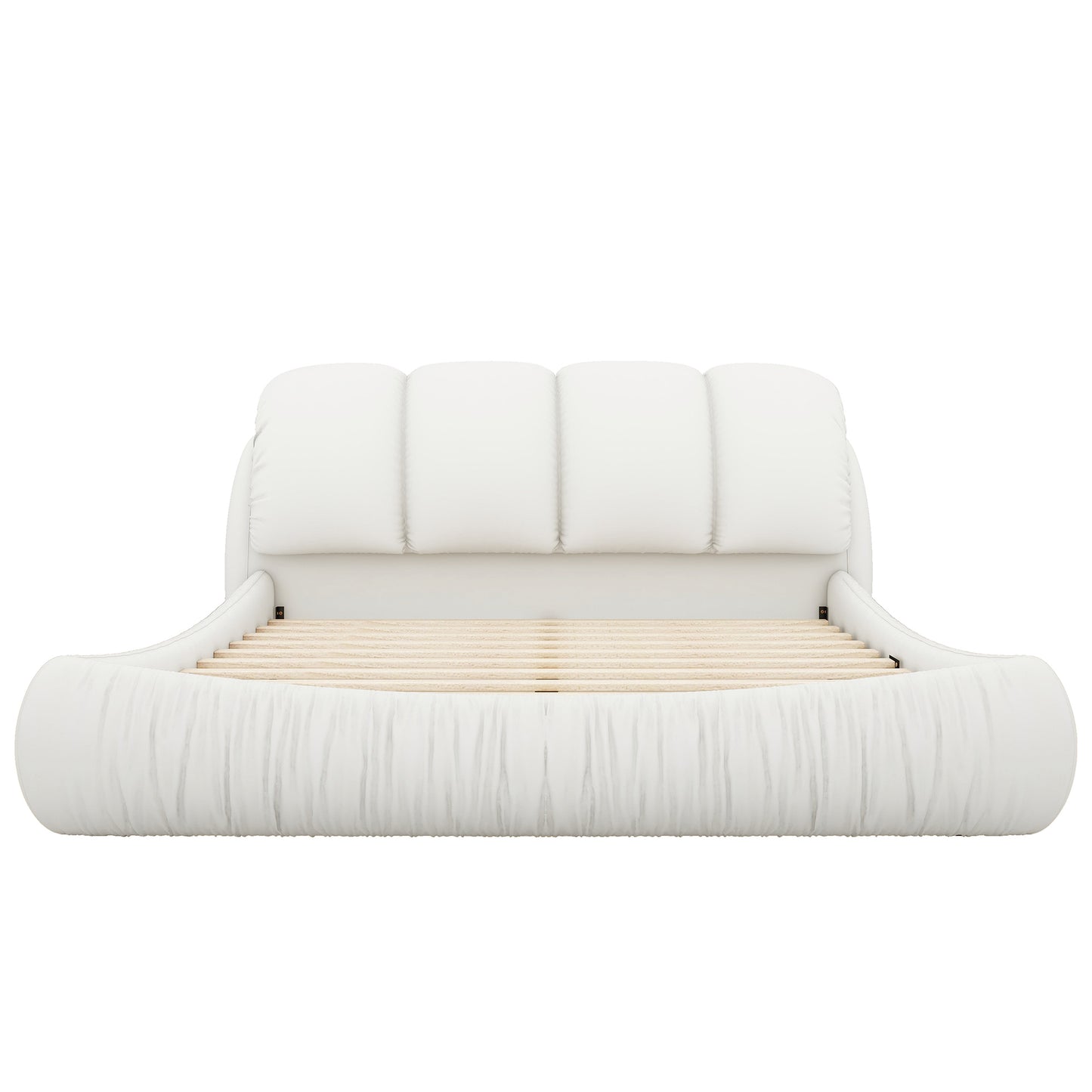 King Size Luxury Handmade Upholstered Leather Bed with Oversized Padded Backrest, White