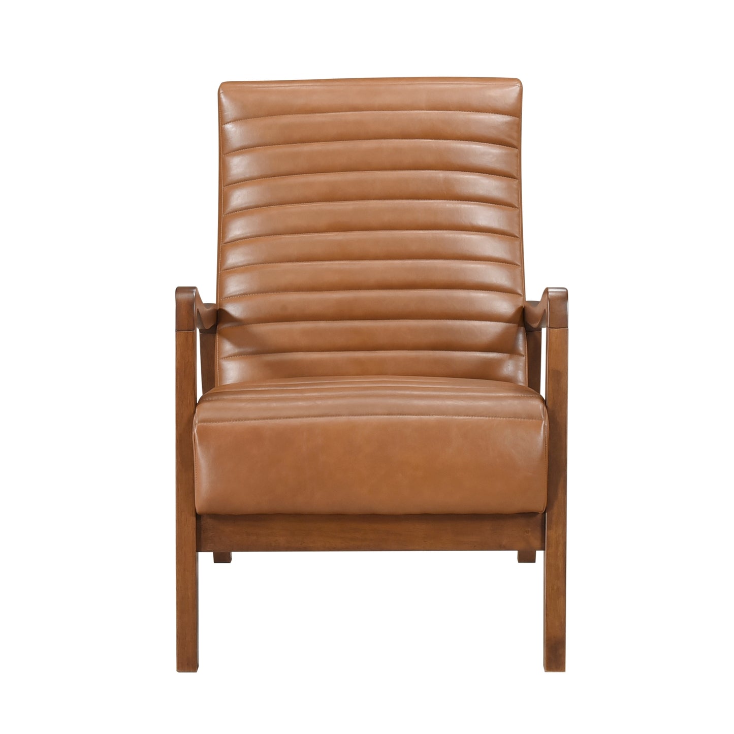 Moderner Stuhl aus braunem Kunstleder, Walnuss-Finish, Beine aus Massivholz