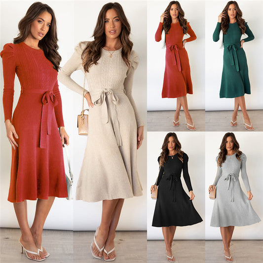 Bell Shoulder Belted Sweater Dress