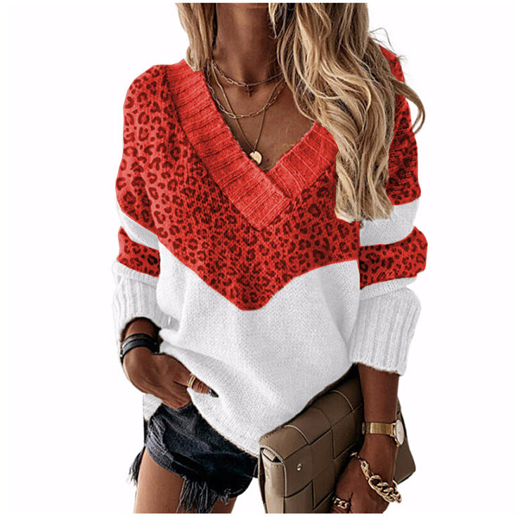V-Neck Leopard Print Color Block Sweater