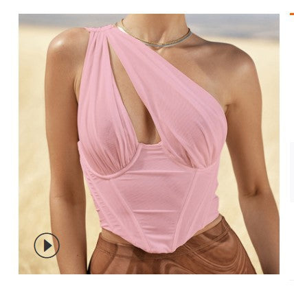 One-shoulder Corset Mesh Top (Color Options)