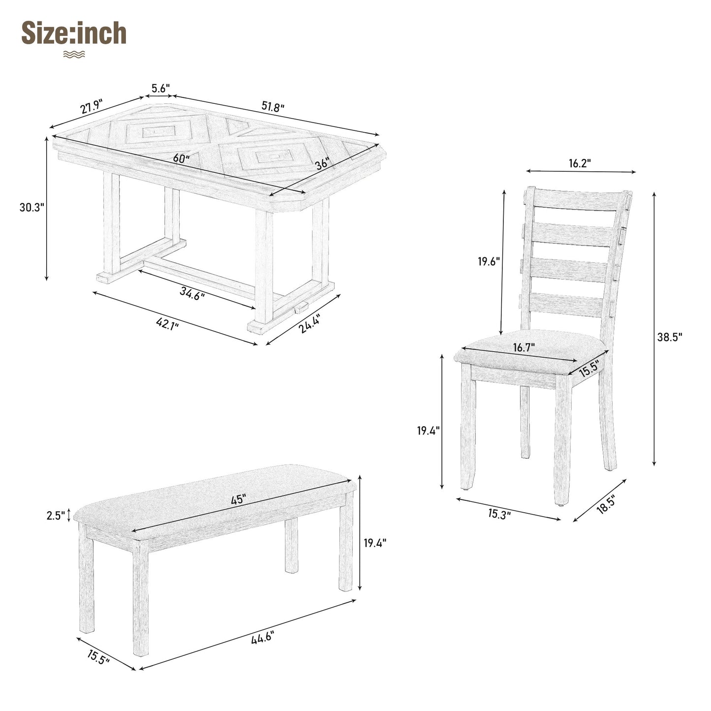 Juego de mesa de comedor de madera Chevron de 6 piezas con banco
